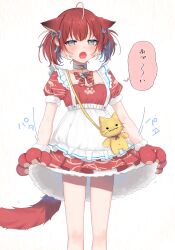 Rule 34 | 1girl, ahoge, akami karubi, animal bag, animal ears, animal hands, apron, bag, blue eyes, blush, cat bag, cat ears, cat tail, choker, dress, ears down, fangs, frilled apron, frills, fur-trimmed dress, fur-trimmed gloves, fur-trimmed sleeves, fur trim, gloves, half-closed eyes, heart pendant, highres, indie virtual youtuber, jewelry, looking at viewer, lvetica, multicolored hair, open mouth, paw gloves, pendant, red hair, ribbon, short hair, short sleeves, shoulder bag, skirt hold, slit pupils, solo, streaked hair, sweat, tail, translation request, twintails, virtual youtuber