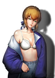 Rule 34 | 1girl, artoria pendragon (all), artoria pendragon (fate), blonde hair, blue bow, bow, bra, breasts, cleavage, collarbone, denim, fate/stay night, fate (series), green eyes, hair bow, highres, jeans, joe (j studio), looking at viewer, medium breasts, pants, parted lips, saber (fate), short hair, signature, solo, underwear, white bra