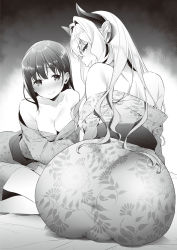 Rule 34 | 2girls, ass, ass focus, blush, breasts, cleavage, closed mouth, demon girl, female focus, from behind, greyscale, grin, highres, hizuki akira, horns, japanese clothes, kimono, kneeling, large breasts, long hair, looking at viewer, looking back, mole, mole on neck, monochrome, multiple girls, obi, original, pointy ears, sash, seductive smile, smile, take your pick