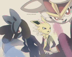 Rule 34 | 3boys, animal ears, animal hands, animal nose, aqua necktie, artist name, black fur, black jacket, black sclera, blue fur, blue jacket, blue pants, body fur, bright pupils, buck teeth, chromatic aberration, cinderace, clothed pokemon, collared shirt, colored sclera, creatures (company), furry, furry male, game freak, gen 1 pokemon, gen 4 pokemon, gen 8 pokemon, grey background, happy, jacket, jolteon, kiki (431642), long sleeves, looking to the side, lucario, male focus, matching hair/eyes, multiple boys, muted color, necktie, nintendo, open clothes, open jacket, open mouth, pants, personification, pokemon, pokemon (creature), rabbit boy, rabbit ears, red hair, school uniform, shirt, short hair, simple background, smile, snout, spiked hair, tail, teeth, twitter username, two-tone fur, watermark, white eyes, white fur, white hair, white pupils, white shirt, wolf boy, wolf ears, wolf tail, yellow fur, yellow shirt