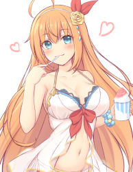 Rule 34 | 1girl, :3, ahoge, aqua eyes, bad id, bad pixiv id, bare arms, bare shoulders, bead bracelet, beads, bikini, blue eyes, blush, bow, bracelet, breasts, cleavage, closed mouth, collarbone, commentary request, eating, flower, food, hair flower, hair ornament, hairband, halterneck, hand up, heart, holding, ice cream spoon, jewelry, large breasts, long hair, looking at viewer, mutsuba fumi, navel, orange hair, pecorine (princess connect!), pecorine (summer) (princess connect!), princess connect!, red bow, rose, see-through, shaved ice, side-tie bikini bottom, simple background, smile, solo, spoon, star (symbol), stomach, swimsuit, upper body, very long hair, white background, white bikini, yellow flower, yellow rose