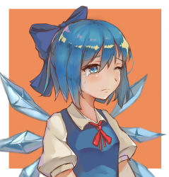 Rule 34 | absurdres, blue dress, blue eyes, blue hair, cirno, crying, crying with eyes open, dress, highres, ice, ice wings, kinto-kuwa, one eye closed, orange background, simple background, solo, tears, touhou, wings