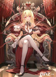 Rule 34 | 1girl, ankle strap, bison cangshu, black footwear, blonde hair, candle, card, chair, clenched teeth, copyright request, crossed legs, curtains, earrings, electricity, garter straps, high heels, highres, jewelry, long hair, looking at viewer, on chair, pink eyes, playing card, pointy ears, sitting, solo, tassel, teeth, thighhighs, white thighhighs, wings