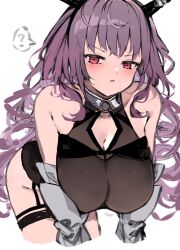 Rule 34 | 1girl, ?, arknights, bare shoulders, black horns, blush, breasts, cleavage, commentary request, detached sleeves, fake horns, grey sleeves, highres, horns, kyuu (plastic night q), large breasts, long hair, looking at viewer, purple hair, red eyes, simple background, solo, spoken question mark, thigh strap, typhon (arknights), white background