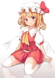 Rule 34 | 1girl, alternate hairstyle, ascot, blonde hair, blush, bow, closed mouth, crystal, fang, flandre scarlet, frilled shirt collar, frills, full body, hat, hat ribbon, looking at viewer, mob cap, oimo (imoyoukan), one-hour drawing challenge, over-kneehighs, puffy short sleeves, puffy sleeves, red bow, red eyes, red ribbon, red skirt, red vest, reflective floor, ribbon, short sleeves, sitting, skirt, skirt set, smile, solo, thighhighs, thighs, touhou, vest, wariza, white thighhighs, wings