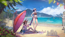 Rule 34 | 1boy, 5girls, absurdres, amiya (arknights), animal ears, arknights, arm strap, artist request, ass, bare arms, bare legs, bare shoulders, baseball cap, beach, beach umbrella, belt, bikini, black bikini, black one-piece swimsuit, blue eyes, blue shorts, blue sky, blue umbrella, breasts, brown hair, castle-3 (arknights), ch&#039;en (arknights), ch'en (arknights), cloud, cooler, copyright name, day, detached sleeves, dragon horns, drone, ears through headwear, eyewear on headwear, female tourist c (arknights), flower, food, from behind, great lungmen logo, grey shorts, hand on own hip, hat, hat flower, highleg, highleg bikini, highres, holding, holding food, horns, horns through headwear, ifrit (arknights), ifrit (sunburn) (arknights), incredibly absurdres, jewelry, kebab, long hair, looking at viewer, low ponytail, matterhorn (arknights), medium breasts, mountain, multiple girls, navel, neck ring, ocean, off-shoulder shirt, off shoulder, official alternate costume, one-piece swimsuit, open fly, outdoors, palm tree, penguin logistics logo, pink flower, pink shirt, rabbit ears, red hair, red umbrella, rhine lab logo, robot, sand castle, sand sculpture, sandals, shadow, shining (arknights), shining (silent night) (arknights), shirt, short shorts, short sleeves, shorts, silver hair, sitting, sky, smile, standing, stomach, string of flags, striped clothes, striped shirt, sun hat, sunglasses, sunglasses on head, swimsuit, thighs, tree, umbrella, vertical-striped clothes, vertical-striped shirt, very long hair, vigna (arknights), vigna (casual vacation) (arknights), water, white bikini