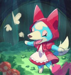 Rule 34 | 1girl, :d, ^ ^, animal crossing, apron, bow, bowtie, bug, butterfly, closed eyes, commentary request, dress, flower, forest, furry, furry female, grass, happy, highres, hood, hood up, hooded dress, insect, kopa nishikida, mushroom, nature, nintendo, open mouth, outdoors, pink flower, puffy short sleeves, puffy sleeves, red bow, red bowtie, red dress, short sleeves, skye (animal crossing), smile, solo, standing, tree, white apron, white butterfly, wolf girl