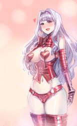 Rule 34 | 1girl, bare shoulders, blunt bangs, blush, boots, bow (bhp), breasts, cameltoe, cleavage, corset, elbow gloves, fingerless gloves, gloves, hairband, heart, heart bikini, heart pasties, idolmaster, idolmaster (classic), large breasts, long hair, navel, open clothes, open mouth, panties, pasties, red eyes, shijou takane, shiny skin, silver hair, skindentation, smile, solo, standing, strap, thigh boots, thighhighs, turtleneck, underwear
