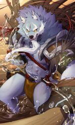 Rule 34 | 1boy, abs, animal ears, bara, commentary, english commentary, facial hair, fangs, fingerless gloves, furry, furry male, gloves, goatee, highres, in water, law (sdorica), loincloth, male focus, open mouth, pawpads, pectorals, red eyes, relax lion, sdorica, shallow water, smile, wading, water, wolf boy, wolf ears, yellow eyes