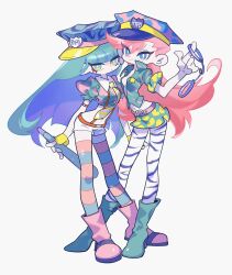 Rule 34 | 2girls, alternate color, baton (weapon), bigizumi, blue eyes, blue footwear, blue hair, blunt bangs, blunt ends, boots, breasts, closed mouth, collared shirt, commentary, cropped shirt, cuffs, fingerless gloves, full body, gloves, hair between eyes, handcuffs, hat, highres, holding, holding handcuffs, holding weapon, long hair, looking at viewer, medium breasts, midriff, miniskirt, multicolored clothes, multicolored headwear, multiple girls, necktie, open clothes, open shirt, panty &amp; stocking with garterbelt, panty (psg), pantyhose, peaked cap, pink footwear, pink hair, police, police badge, police hat, police uniform, puffy short sleeves, puffy sleeves, shirt, short shorts, short sleeves, shorts, siblings, simple background, sisters, skirt, smile, standing, star (symbol), stocking (psg), striped clothes, striped necktie, striped thighhighs, suspender shorts, suspenders, symbol-only commentary, thighhighs, uniform, weapon, white background, white shorts, yellow gloves