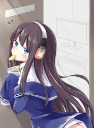 Rule 34 | 1girl, azur lane, bag, bag of chips, blue eyes, blue jacket, blush, brown hair, chips (food), collared shirt, commentary request, flat screen tv, food, food in mouth, head tilt, headphones, highres, holding, holding bag, jacket, long hair, long island (azur lane), looking at viewer, looking back, mouth hold, off shoulder, shirt, solo, television, very long hair, white shirt, yukimi ai risu