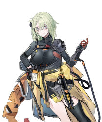 Rule 34 | 1girl, ahoge, black shirt, black thighhighs, blue eyes, breasts, cable, clothes around waist, commentary request, cowboy shot, de lacey (neural cloud), dutch angle, echj, girls&#039; frontline, girls&#039; frontline neural cloud, gloves, green hair, hair between eyes, hand on own hip, highres, id card, jacket, jacket around waist, large breasts, long hair, looking at viewer, mechanical tail, mole, mole under mouth, multicolored eyes, red eyes, shirt, shorts, simple background, single thighhigh, smile, solo, symbol-shaped pupils, tail, thighhighs, white background, yellow jacket