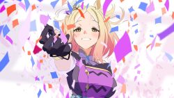 Rule 34 | 1girl, absurdres, animal ears, black gloves, blonde hair, breasts, commentary request, confetti, dress, gloves, highres, horse ears, horse girl, large breasts, looking at viewer, narita top road (umamusume), off-shoulder dress, off shoulder, purple dress, short hair, solo, umamusume, umamusume: road to the top, upper body, yamamoto ken