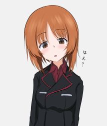 Rule 34 | 1girl, black jacket, blouse, boko dream, brown eyes, brown hair, commentary, dress shirt, girls und panzer, half-closed eyes, highres, jacket, kuromorimine military uniform, long sleeves, looking at viewer, military, military uniform, nishizumi miho, open mouth, red shirt, shirt, short hair, simple background, solo, translated, uniform, upper body, wing collar