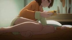 1girl animated anime_screenshot barefoot brown_hair cellphone indoors interior kouzuki_mahiru lamp long_sleeves lying on_bed phone short_hair shorts sitting smartphone solo tagme video yoru_no_kurage_wa_oyogenai