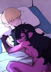 Rule 34 | 1boy, 1girl, bed sheet, black hair, blonde hair, blush, closed eyes, colo (nagrolaz), colored skin, commentary, demon girl, english commentary, faceless, faceless male, fang, fang out, girl on top, hair over eyes, hair over one eye, hetero, highres, long hair, lying on person, monster girl, nude, original, paralysis demon (colo (nagrolaz)), patreon logo, patreon username, pillow, pink skin, sleeping, smile, sweatdrop, under covers