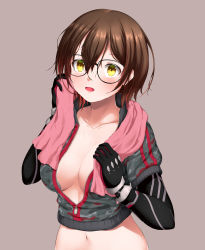 Rule 34 | 1girl, absurdres, android, black-framed eyewear, blush, breasts, brown hair, camouflage, cleavage, commentary request, glasses, gradient hair, hair between eyes, highres, hololive, jacket, long sleeves, multicolored hair, navel, partially unzipped, roboco-san, roboco-san (1st costume), short hair, simple background, solo, sweat, virtual youtuber, yellow eyes, yomitrooper