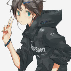 Rule 34 | 1girl, ahoge, bad id, bad pixiv id, blue eyes, bracelet, brown hair, clothes writing, hair ornament, hairclip, hood, hoodie, jewelry, original, short hair, simple background, sleeves pushed up, solo, taxi (owp), v