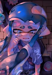 Rule 34 | 1girl, artist name, bag, bandaged arm, bandaged head, bandages, black bag, black footwear, blue eyes, blue hair, brick wall, crying, crying with eyes open, frown, highres, inkling, inkling girl, inkling player character, jellyfish (splatoon), long hair, looking down, mnr020521, nintendo, open mouth, pointy ears, shirt, short shorts, shorts, sitting, sleeves past elbows, solo, splatoon (series), tears, tentacle hair, white shirt