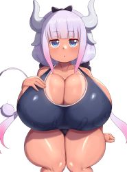 Rule 34 | 1girl, absurdres, alternate breast size, bare shoulders, black bow, blue eyes, blue one-piece swimsuit, blunt bangs, blush, bow, breasts, cleavage, closed eyes, collarbone, cowboy shot, curvy, hair bow, highres, horns, huge breasts, kanna kamui, kobayashi-san chi no maidragon, long hair, looking at viewer, multicolored hair, one-piece swimsuit, oppai loli, parted lips, purple hair, school swimsuit, shiny skin, sitting, solo, swimsuit, tan, tanline, thick thighs, thighs, transparent background, triagorodri, twintails, two-tone hair, wet