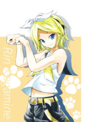 Rule 34 | 1girl, blonde hair, blue eyes, character name, hairband, kagamine rin, looking at viewer, midriff, paw pose, sailor collar, shorts, sleeveless, solo, takkan, vocaloid, wink