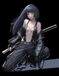 Rule 34 | 1girl, absurdres, bare shoulders, black background, black hair, black jacket, black pants, blunt bangs, breasts, chain, closed mouth, collarbone, commentary, highres, holding, holding sword, holding weapon, jacket, jungon kim, long hair, long sleeves, looking at viewer, on one knee, open clothes, open jacket, original, pants, purple eyes, solo, sword, weapon, zipper