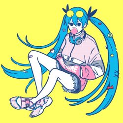 Rule 34 | 1girl, alternate costume, aqua hair, bandaid, bandaid on knee, bandaid on leg, black eyes, bow, blowing bubbles, chewing gum, eyewear on head, flat color, food-themed hair ornament, hair between eyes, hair bow, hair ornament, hands in pockets, hatsune miku, headphones, headphones around neck, highres, long hair, looking at viewer, miyoshi yoshimi, poke ball, poke ball (basic), red bow, shoes, shorts, simple background, solo, spring onion, star (symbol), twintails, very long hair, vocaloid, yellow background