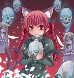 Rule 34 | 3girls, amane hasuhito, animal ears, bad id, bad pixiv id, bow, braid, cat ears, cat girl, cat tail, female focus, hair bow, hair ribbon, hitodama, kaenbyou rin, multiple girls, multiple tails, red eyes, red hair, ribbon, short hair, skull, standing, tail, touhou, twin braids, twintails, zombie fairy (touhou)