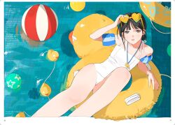 Rule 34 | 1girl, ball, beachball, black eyes, black hair, border, floating, from above, hair bun, highres, junro, knee up, looking at viewer, on innertube, one-piece swimsuit, open mouth, original, outside border, pool, rubber duck, solo, spaghetti strap, swimsuit, water, whistle, whistle around neck, white border, white one-piece swimsuit, yellow innertube