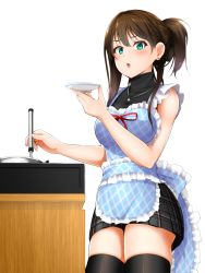 Rule 34 | 10s, 1girl, apron, black thighhighs, blush, brown hair, cooking, earrings, green eyes, highres, idolmaster, idolmaster cinderella girls, jewelry, long hair, looking at viewer, necklace, plaid, plaid apron, ramucha, saucer, shibuya rin, short ponytail, solo, thighhighs, turtleneck, white background