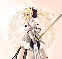 Rule 34 | 00s, 1girl, armor, armored dress, artoria pendragon (fate), bad id, bad pixiv id, blonde hair, blue eyes, bow, caliburn (fate), capcom, dress, fate/stay night, fate/unlimited codes, fate (series), ponytail, rinbukyoku, saber (fate), saber lily, solo, sword, type-moon, weapon