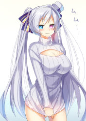Rule 34 | &gt;:|, 1girl, :|, bad id, bad pixiv id, bow, breasts, canon (nyori), cleavage, cleavage cutout, closed mouth, clothing cutout, hair bow, hair ribbon, heterochromia, large breasts, long hair, looking at viewer, meme attire, nyori, open-chest sweater, original, ribbed sweater, ribbon, silver hair, simple background, solo, sweater, translation request, turtleneck, twintails, v-shaped eyebrows, very long hair, white background