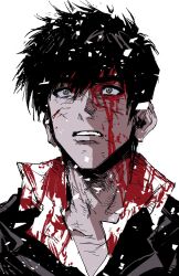 Rule 34 | 1boy, absurdres, black eyes, black hair, black jacket, blood, blood on clothes, blood on face, collared shirt, highres, jacket, looking away, male focus, my nameisyoon, nicholas d. wolfwood, shirt, short hair, simple background, solo, trigun, upper body, white background, white shirt