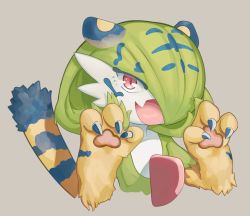 Rule 34 | 1girl, absurdres, animal ears, animal hands, blue fur, blue hair, bob cut, body fur, claw pose, claws, colored skin, creatures (company), cropped torso, fang, female focus, flat chest, game freak, gardevoir, gen 3 pokemon, green hair, green skin, grey background, hair over one eye, hands up, happy, highres, looking at viewer, mentaiko jojotarou, multicolored hair, multicolored skin, nintendo, one eye covered, open mouth, pawpads, pokemon, pokemon (creature), red eyes, short hair, simple background, skin fang, smile, solo, striped tail, tail, tiger ears, tiger girl, tiger tail, two-tone fur, two-tone hair, two-tone skin, upper body, white skin, yellow fur