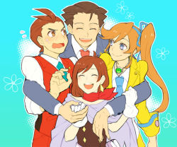 Rule 34 | 2boys, 2girls, :d, ace attorney, antenna hair, apollo justice, athena cykes, bad id, bad pixiv id, belt, black eyes, blue eyes, blue necktie, blush, brother and sister, brown eyes, brown hair, capelet, closed eyes, earrings, father and daughter, gloves, jewelry, kasapati3688, long hair, multiple boys, multiple girls, necklace, necktie, open mouth, orange hair, phoenix wright, phoenix wright: ace attorney - dual destinies, scarf, short hair, siblings, side ponytail, smile, trucy wright, very long hair, white gloves