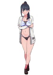 Rule 34 | arm behind back, arm under breasts, bad id, bad twitter id, bikini, black bikini, black hair, blue eyes, breasts, brown footwear, cardigan, collarbone, gridman universe, hair behind ear, highres, layered bikini, medium breasts, midriff, nyus0721, open cardigan, open clothes, ponytail, red socks, smile, socks, ssss.gridman, swimsuit, takarada rikka, white background