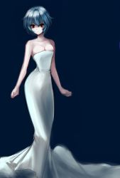 Rule 34 | 1girl, ayanami rei, bare shoulders, blue background, blue hair, breasts, ch2o, cleavage, dress, formal, highres, large breasts, long dress, neon genesis evangelion, red eyes, short hair, narrow waist, solo, strapless, strapless dress, white dress