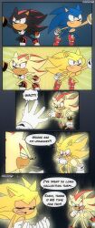 Rule 34 | 2boys, absurdres, animal ears, animal nose, comic, english text, green eyes, hedgehog, highres, multiple boys, red hair, risziarts, shadow the hedgehog, sonic (series), sonic adventure 2, sonic the hedgehog, super shadow, super sonic, tail, twitter username