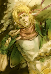 Rule 34 | 1boy, battle tendency, blonde hair, bubble, caesar anthonio zeppeli, cropped jacket, facial mark, feather hair ornament, feathers, fingerless gloves, gloves, green eyes, green gloves, green jacket, feather hair ornament, headband, jacket, jojo no kimyou na bouken, male focus, painterly, ribbon, scarf, shirt, sketch, solo, white shirt, yatoko, zigzag