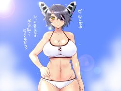 10s 1girl bare_shoulders bikini black_hair blue_sky blush breasts cleavage day eyepatch female_focus groin hair_ornament hand_on_own_hip kantai_collection large_breasts looking_at_viewer navel sako_(bosscoffee) sky solo sun swimsuit tenryuu_(kancolle) tenryuu_(swimsuit_mode)_(kancolle) translated white_bikini yellow_eyes