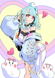 Rule 34 | 1girl, absurdres, arched back, arm behind head, asymmetrical clothes, bare shoulders, blue hair, blue jacket, choker, earrings, hair ornament, hairclip, heart, highres, jacket, jewelry, leaning forward, looking up, multicolored hair, off-shoulder shirt, off shoulder, pants, red eyes, shiranami ramune, shirt, single pantsleg, solo, streaked hair, stuffed animal, stuffed toy, tetsu booya, virtual youtuber, vspo!, white hair, white pants