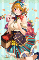 Rule 34 | 1girl, apple, arm garter, basket, blue background, blue hairband, blue skirt, blush, bow, breasts, brown hair, food, fruit, hair bow, hairband, highres, holding, holding basket, koizumi hanayo, looking at viewer, love live!, love live! school idol project, medium breasts, nakano maru, purple eyes, short hair, skirt, smile, solo, striped, striped bow, vertical stripes