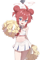 Rule 34 | 1girl, absurdres, ahoge, blue archive, blue eyes, cheerleader, crop top, detached collar, double bun, flat chest, hair bun, halo, halterneck, hand up, highres, hirotaka0125, holding, holding pom poms, long hair, looking at viewer, maki (blue archive), midriff, millennium cheerleader outfit (blue archive), miniskirt, navel, open mouth, pleated skirt, pom pom (cheerleading), pom poms, red hair, shirt, simple background, skirt, sleeveless, sleeveless shirt, smile, solo, spaghetti strap, standing, stomach, sweat, thighs, white background, white shirt, white skirt