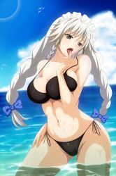 Rule 34 | 1girl, bikini, blush, braid, breasts, female focus, grayfia lucifuge, high school dxd, large breasts, licking own finger, long hair, looking at viewer, minaisu, ocean, open mouth, outdoors, solo, swimsuit, tongue, tongue out, wet, white hair