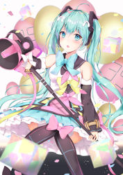 Rule 34 | 1girl, :o, ahoge, balloon, bare shoulders, black thighhighs, blue bow, blue eyes, blue skirt, blurry, blurry foreground, blush, bow, commentary request, cube, depth of field, detached sleeves, green hair, hair between eyes, hair ornament, hatsune miku, highres, holding, houraku, long hair, long sleeves, looking at viewer, magical mirai (vocaloid), magical mirai miku, magical mirai miku (2018), megaphone, musical note-shaped pupils, parted lips, pink bow, shirt, single detached sleeve, sitting, skirt, sleeveless, sleeveless shirt, solo, symbol-shaped pupils, teeth, thighhighs, twintails, upper teeth only, very long hair, vocaloid, white shirt, yellow bow