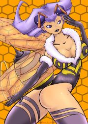 Rule 34 | ass, bee, bee girl, breasts, bug, highres, bug, arthropod girl, large breasts, monster girl, ojosnocturnos, purple eyes, purple hair, q-bee, vampire (game), wings