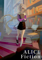 Rule 34 | 1girl, 38 (sanjuuhachi), absurdres, alice fiction, andersen (alice fiction), book, facing viewer, full body, hair over one eye, highres, holding, holding book, library, long sleeves, looking to the side, one eye covered, purple eyes, scarf, short hair, skirt, smile, solo, white hair