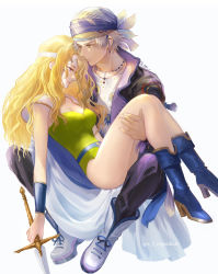 Rule 34 | 1boy, 1girl, amano yoshitaka design, armor, bare legs, belt, black pants, blonde hair, blue cape, blue eyes, blue footwear, boots, breasts, brown eyes, cape, carrying, celes chere, cleavage, couple, final fantasy, final fantasy vi, full body, green leotard, grey hair, headband, high heel boots, high heels, holding, holding sword, holding weapon, jewelry, leotard, locke cole, long hair, medium breasts, multicolored clothes, multicolored headwear, necklace, pants, parted bangs, princess carry, regan (hatsumi), shirt, short hair, shoulder armor, sitting, sitting on lap, sitting on person, square enix, sword, thighs, wavy hair, weapon, white background, white headband, white shirt