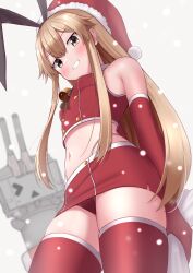 Rule 34 | 1girl, absurdres, bikini, blonde hair, blush, christmas, crop top, dress, elbow gloves, gloves, grey eyes, grin, hair between eyes, hat, highres, holding, holding sack, kantai collection, long hair, microskirt, miniskirt, navel, pom pom (clothes), red gloves, red headwear, red thighhighs, rensouhou-chan, sack, santa bikini, santa costume, santa dress, santa gloves, santa hat, shimakaze (kancolle), skirt, smile, stomach, swimsuit, thighhighs, tiemu (man190), yellow eyes