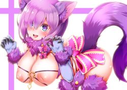 Rule 34 | 1girl, :d, animal ears, ass, blue gloves, blush, breasts, claw pose, claws, cosplay, covered erect nipples, cowboy shot, craft essence (fate), elbow gloves, eyes visible through hair, fangs, fate/grand order, fate (series), fur-trimmed gloves, fur collar, fur trim, gloves, hair over one eye, halloween, halloween costume, inverted nipples, lace, lace-trimmed legwear, lace trim, large breasts, looking at viewer, mash kyrielight, mash kyrielight (dangerous beast), nipples, o-ring, o-ring top, official alternate costume, open mouth, paw pose, purple eyes, purple gloves, purple hair, purple thighhighs, revealing clothes, short hair, smile, solo, tail, thighhighs, wildcat (kusonemi), wolf ears, wolf girl, wolf tail